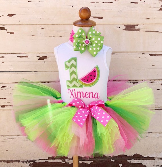 Watermelon Tutu Outfit, Pink or Red, 1st First Birthday Baby Girl, Personalized Bodysuit, Headband, Cake Smash Photo, One in a Melon Il_570xn