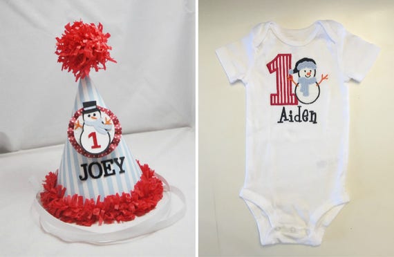 Snowman 1st Birthday Bodysuit Shirt and Personalized Party Hat Set, Baby Toddler Boy Or Girl, Smash Cake Photo Props. Winter Birthday Il_570xn