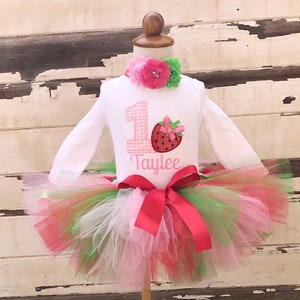 Strawberry Tutu Outfit, 1st Birthday Tutu Set, Personalized Bodysuit, Sewn Tutu, Headband, Cake Smash Outfit, Strawberry Patch, Baby Girl