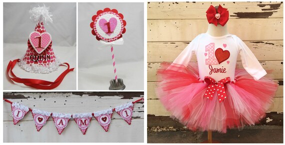 Heart Party Package, 1st First Birthday Girl, Tutu Oufit and Smash Cake Photo Props, Personalized Bodysuit, Hat, Banner, Topper Il_570xn