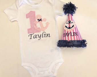 Girl Nautical 1st Birthday Party Hat and Anchor Bodysuit Set, Little Sailor Baby Toddler Smash Cake Photo Prop Little Sailor