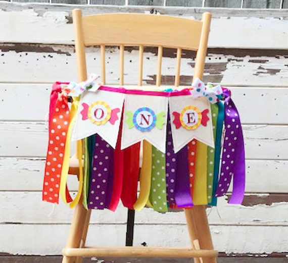 Candyland High Chair Banner Bunting, Ribbon and Fabric, ONE 1st First Birthday Boy or Girl Baby Toddler Decor Il_570xn