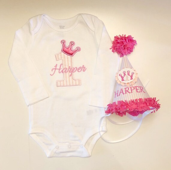 Pink Princess Personalized Party Hat and Bodysuit or Shirt Set, First 1st Birthday Baby Toddler Girl, Cake Smash Photo Props Il_570xn