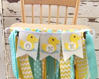 Boy Duck ONE High Chair Banner, Ribbon And Fabric, 1st Birthday Highchair Bunting Garland, Rubber Ducky Party Decor Decoration