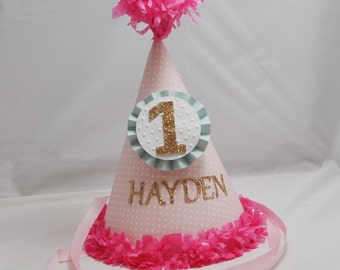 Tiny Polka Dots Party Hat Personalized, 1st First Birthday Baby Toddler Girl Smash Cake Photo Prop