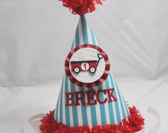 Little Red Wagon Party Hat Personalized, Baby Toddler Boy 1st Birthday, Cake Smash Photo Prop