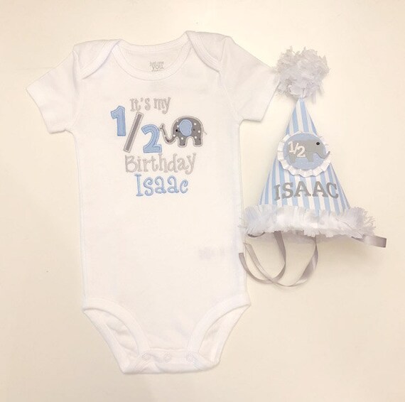Boy Elephant Half Birthday Personalized Bodysuit or Shirt and Party Hat Set, Smash Cake Photo Prop, Baby Toddler Outfit Decor Il_570xn