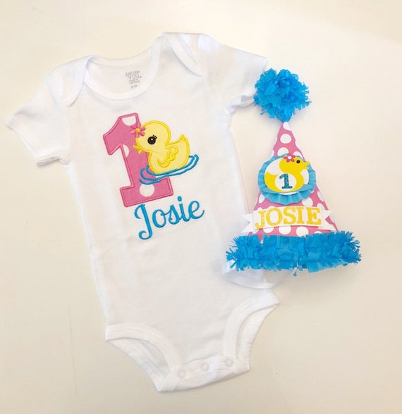 Girl Rubber Ducky Personalized Party Hat and Duck Bodysuit Shirt Set, 1st First Birthday Baby Toddler Girl, Smash Cake Photo Props Il_570xn