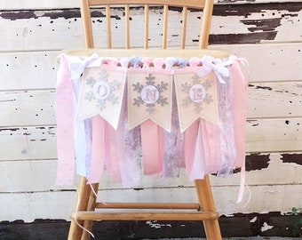 Girl Snowflake High Chair Banner, Winter ONEderland Party, 1st First ONE Baby Toddler Highchair Birthday Bunting, Ribbon Fabric Garland