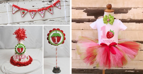 Strawberry Party Package, 1st First Birthday Girl, Tutu Outfit, Personalized Bodysuit and Party Hat, High Chair Banner, Cake Topper Il_570xn