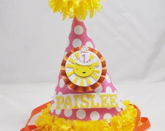 Girl Sun Party Hat Personalized, First 1st Birthday Baby Toddler Girl, You are My Sunshine Decor Decorations, Smash Cake Photo Prop