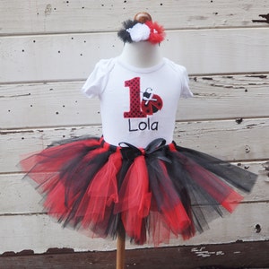 Ladybug Tutu Outfit, 1st First Birthday Girl, Personalized Bodysuit, Headband Hair bow, Smash Cake Photo, Garden Party image 1