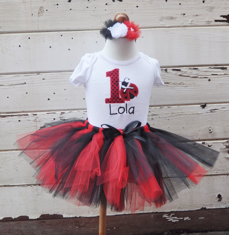 Ladybug Tutu Outfit, 1st First Birthday Girl, Personalized Bodysuit, Headband Hair bow, Smash Cake Photo, Garden Party image 1