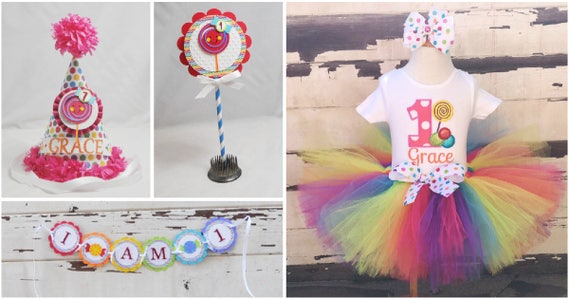 Candy Land Party Package, 1st Sweet Shoppe Birthday Girl, Tutu Outfit, Personalized Lollipop Bodysuit And Hat, High Chair Banner, Topper Il_570xn