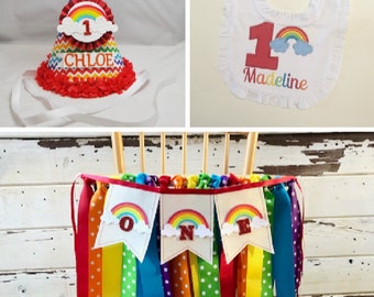 Rainbow Baby Party Decor, Highchair Banner, Bib and Personalized Party Hat Set, Smash Cake Photo Props, 1st First Birthday Decorations