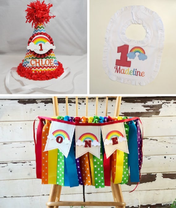 Rainbow Baby Party Decor, Highchair Banner, Bib and Personalized Party Hat Set, Smash Cake Photo Props, 1st First Birthday Decorations Il_570xn