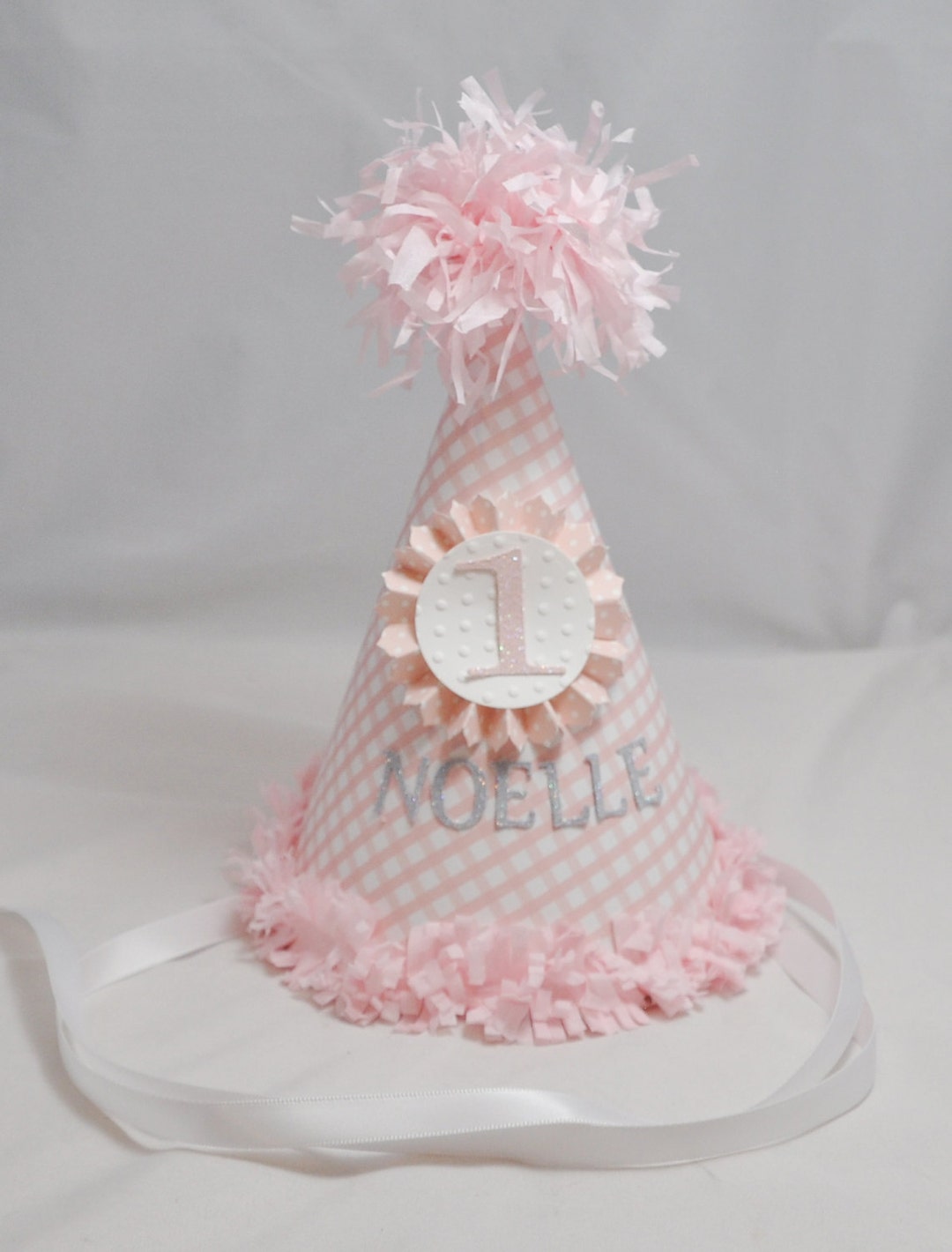 Personalized Pink Gingham Party Hat, 1st First Birthday Toddler Baby ...