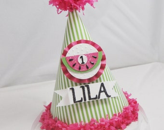 Watermelon Party Hat Personalized, 1st First Birthday Toddler Baby Girl, Smash Cake Photo Prop, Summer Birthday Party Decor