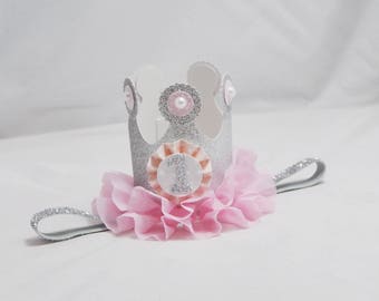 Mini Silver Glitter Crown Headband Party Hat, 1st First Birthday Toddler Baby Girl, Cake Smash Photo Prop