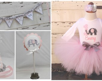 Elephant Tutu Outfit And Cake Smash Photo Prop Set, Party Package, 1st First Birthday Girl,  Personalized Bodysuit and Hat, Banner, Topper