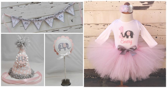 Elephant Tutu Outfit And Cake Smash Photo Prop Set, Party Package, 1st First Birthday Girl, Personalized Bodysuit and Hat, Banner, Topper Il_570xn
