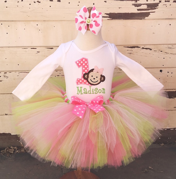 Sock Monkey Tutu Outfit, 1st First Birthday Baby Girl, Personalized Bodysuit, Headband Hair Bow, Cake Smash Set Il_570xn