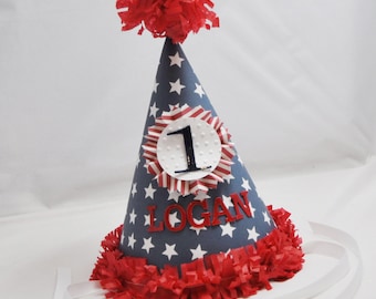 Stars and Stripes Party Hat Personalized, Red White and Blue 1st First Toddler Birthday Patriotic Hat, Fourth Of July Cake Smash Photo Prop