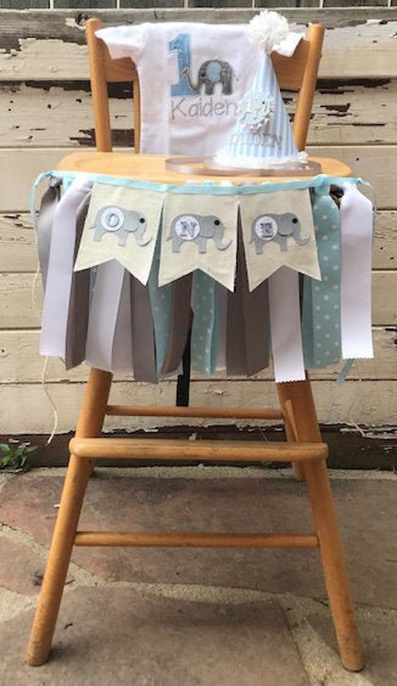 Elephant Party Decor, Smash Cake Photo Props 3 Piece Set, 1st Birthday Toddler Baby Boy, ONE High Chair Banner, Personalized Hat, Bodysuit Il_570xn