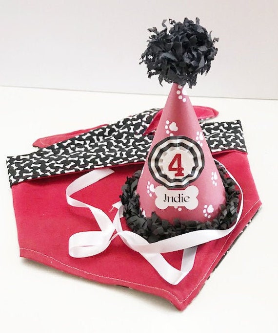 Dog Party Hat and Matching Bandana, Personalized Reversible Bones or Paws, Pet Birthday Supplies, Puppy Gotcha Day Celebration Il_570xn