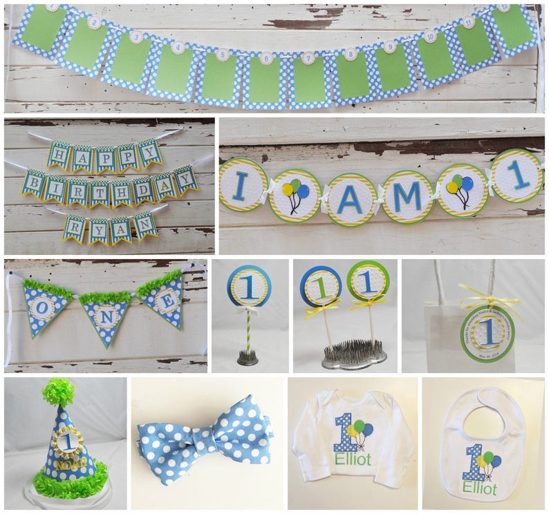 Boy Happy Birthday Banner with Name, Polka Dots and Stripes, 1st First Birthday Wall Bunting, Toddler Boy Party Decor Decorations image 3