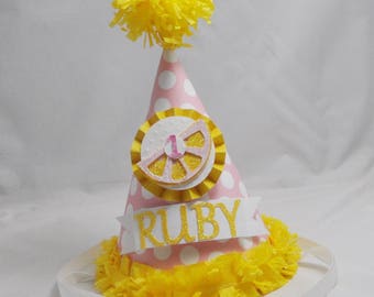 Pink Lemonade Party Hat Personalized, 1st First Summer Birthday Baby Toddler Girl, Custom Hat, Lemon Smash Cake Photo Prop