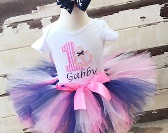 Nautical Tutu Outfit, 1st Birthday Baby Toddler Girl, Personalized Anchor Bodysuit, Headband Hair Bow, Cake Smash Photo Little Sailor