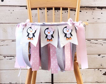 Girl Penguin High Chair Banner, ONE Bunting Garland, Ribbon and Fabric, 1st First Winter Birthday Party Decoration, Smash Cake Photo Prop