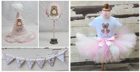 Teddy Bear Party Package, 1st First Birthday Girl, Tutu Outfit, Personalized Hat Bodysuit, High Chair Banner, Smash Cake Topper, Photo Props Il_570xn