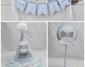 Little Man Bow Tie Smash Cake Photo Props, 3 Piece Set, 1st First Birthday Boy, Personalized Party Hat, High Chair Banner, Topper, Gingham