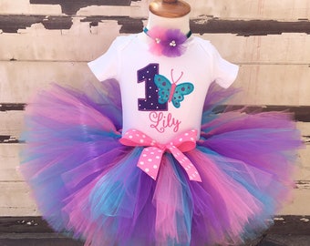 Butterfly Tutu Outfit, 1st Birthday Party Baby Girl Set, Pink Purple Turquoise, Personalized Bodysuit, Headband Hair bow, Smash Cake Photo