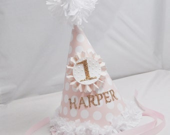 Pink and Gold Party Hat Personalized Custom, 1st First Birthday Baby Toddler Girl, Smash Cake Photo Prop