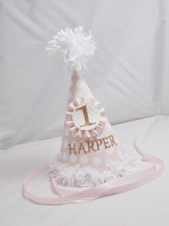 Pink and Gold Party Hat Personalized Custom, 1st First Birthday Baby Toddler Girl, Smash Cake Photo Prop Il_570xn