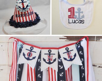 Nautical Party Decor, Smash Cake Photo Props 3 Piece Set, 1st First Birthday Boy, ONE Fabric High Chair Banner, Personalized Hat and Bib