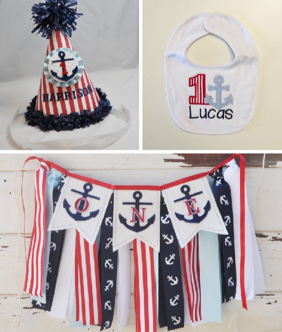Nautical Party Decor, Smash Cake Photo Props 3 Piece Set, 1st First Birthday Boy, ONE Fabric High Chair Banner, Personalized Hat and Bib Il_570xn