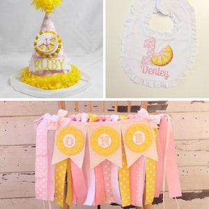 Pink Lemonade Party Decor, Smash Cake Photo Props 3 Piece Set, First 1st Birthday Girl, High Chair Banner Personalized Hat and Bib
