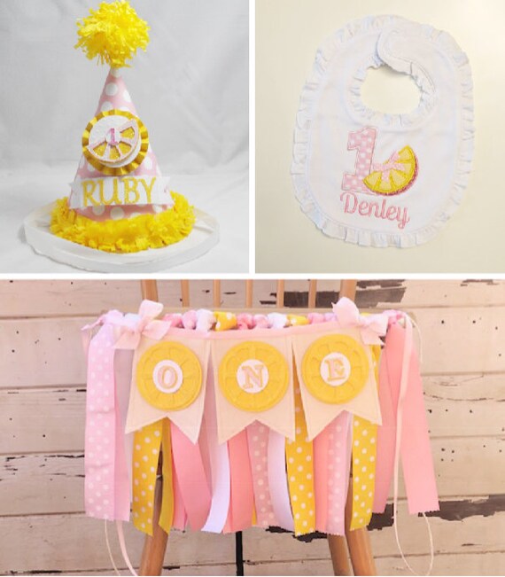 Pink Lemonade Party Decor, Smash Cake Photo Props 3 Piece Set, First 1st Birthday Girl, High Chair Banner Personalized Hat and Bib Il_570xn