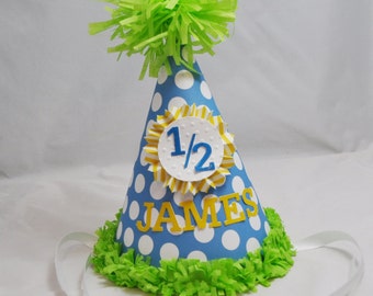 Niño medio cumpleaños sombrero Polka punto fiesta personalizada, 6 meses 1/2 sombrero de bebé personalizado, romper pastel foto prop