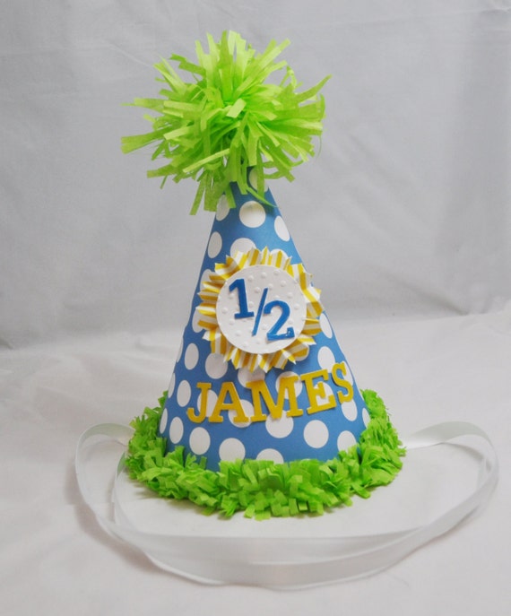 Boy Half Birthday Hat Polka dot Party Personalized, 6 Month 1/2 Custom Baby Toddler Hat, Smash Cake Photo Prop Il_570xn