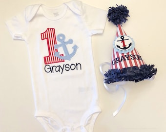 Boy Nautical Bodysuit and Anchor Party Hat Set Personalized, 1st First Birthday Baby Toddler Smash Cake Photo Props