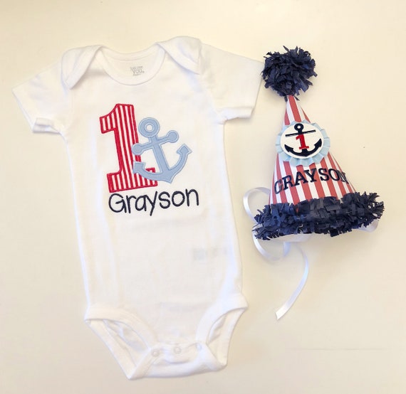 Boy Nautical Party Hat and Anchor Bodysuit Set Personalized, 1st First Birthday Baby Toddler Smash Cake Photo Props Il_570xn