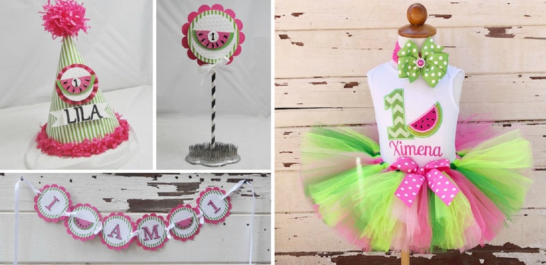 Watermelon Smash Cake Photo Props Party Package, 1st First Birthday Toddler Girl, Personalized Hat, High Chair Banner Bunting, Cake Topper image 5