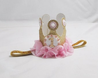 Mini Glittered Gold Crown Headband, 1st First Birthday Baby Toddler Girl, Smash Cake Photo Prop