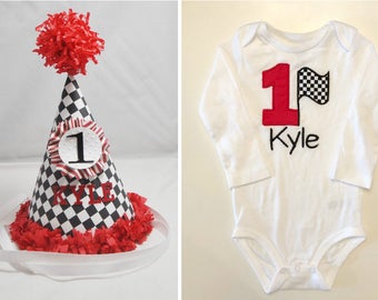 Race Car Party Hat and Shirt Or Personalized Bodysuit Set, 1st First Birthday Baby Toddler Boy or Girl, Smash Cake Photo Props