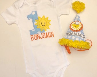 Boy Sun Bodysuit Shirt And Party Hat Set Personalized, 1st Birthday Baby Toddler You Are My Sunshine Smash Cake Photo Props